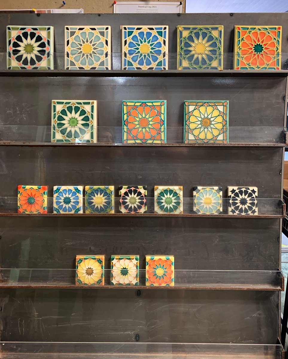 motawitileworks's tweet photo. On the A-frame: familiar design (Alhambra), new colorways in the testing stage. Which are your favorites?
#motawi #motawitileworks #tilemaking #prototyping https://t.co/WgfWij5LWq
