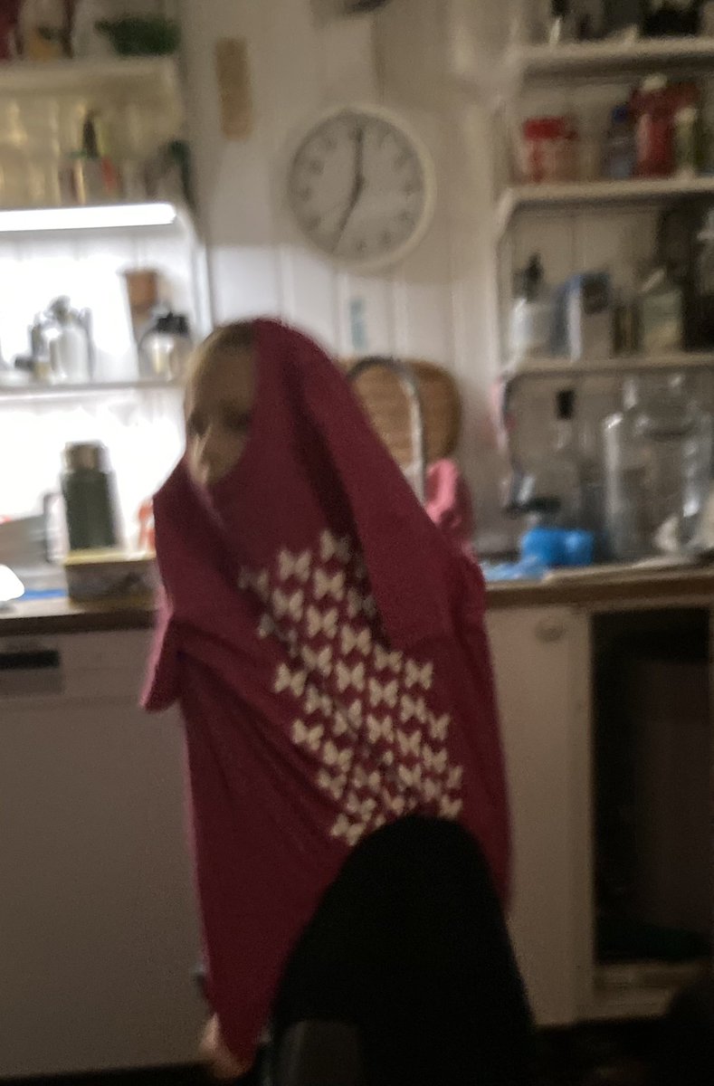 OlaHolstVea's tweet photo. Our evening meal have escalated into a .... fashion show!?
"It's not a t-shirt it's a DRESS!" 
    - The Pirate Princess
#jamstackconf #swag from @xata 
💪😺🏴‍☠️

That wall clock shows BED TIME, literally. https://t.co/msSzMcEIu5