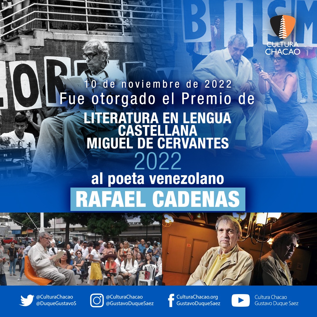 El poeta venezolano Rafael Cadenas es el ganador este año del Premio Cervantes, el más prestigioso de las letras en castellano, anunció el Ministerio de Cultura de España este jueves 10 de noviembre de 2022, en Madrid.

Orgullo venezolano ✨