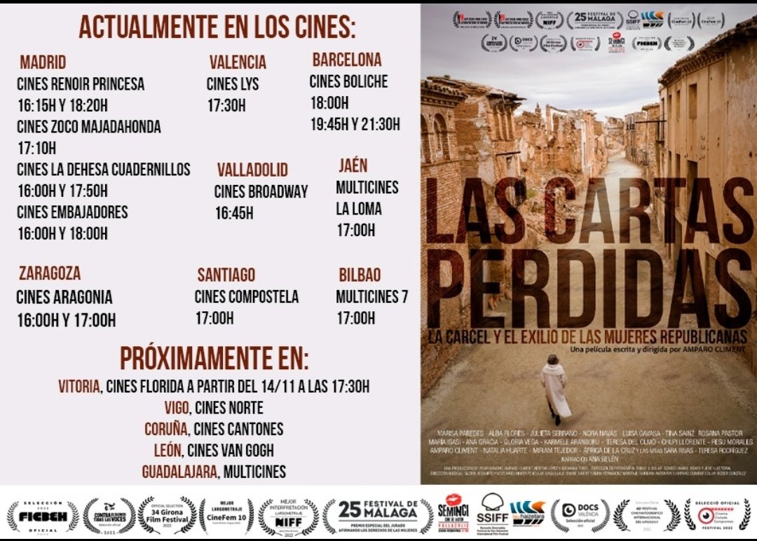 ¡Resistimos! #cines y #ciudades valientes  muestran la #memoria de tantas #mujeres ampliando horarios y fechas en Madrid #Barcelona #Valencia #Valladolid  #zaragoza  y se suman a #Bilbao #Santiago #Jaen y #Vitoria #mujer #cine #documental #MemoriaDemocrática #MemoriaHistorica