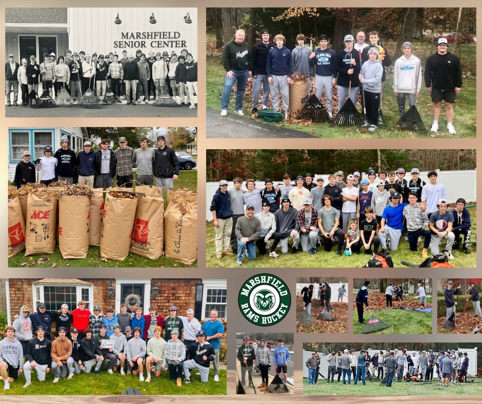 MHSHockey1's tweet photo. MHS Boys Hockey giving back to the Marshfield community that gives us so much! Thank you to the Boys, Parents and Coaches raking leaves around town and the Marshfield Senior Center! Many life lessons ~ #teamwork #community #Fallgiving #gratitude #hardwork #GoRams https://t.co/112ZcBO02u