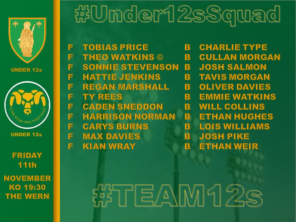 #Under12s #SquadNews

Here's our wonderful #Under12s hosting friends from <a href="/BroFfestiniog/">Clwb Rygbi Bro Ffest</a>
this evening. We hope you have a wonderful time in our company.

🏉 <a href="/BroFfestiniog/">Clwb Rygbi Bro Ffest</a>
📆 11th November 2022
🕝 Kick Off 19:30
📍 The Wern

#YoungIronmen🖤💚💛
#TheFutureOfOurClub❤️