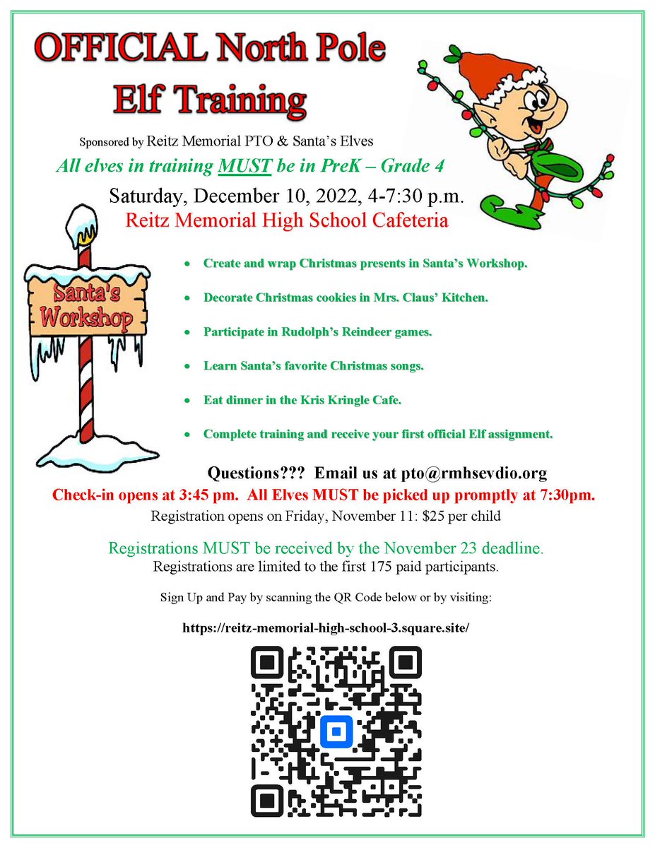 Calling all PreK-Grade 4 partner school students! We need your help! The Official North Pole Elf Training is back and Santa needs your help! Sign up today to join us on December 10th from 4-7:30pm. Sign-ups are limited to the first 175. Scan the QR code to sign up and pay!