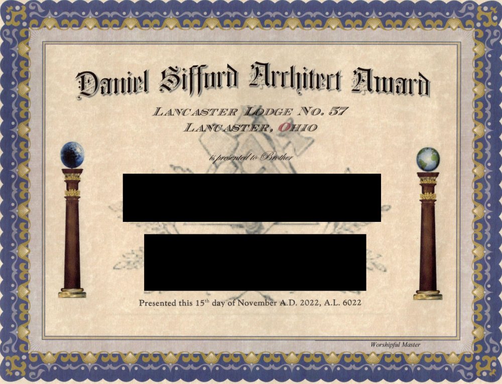 The Daniel Sifford Architect Award is named after one of our founders who was a Master Architect and Builder, a community leader, &amp; man of great humility. This award is for a Brother who emulates those qualities of leadership and mastery. 1st award on 11/15.