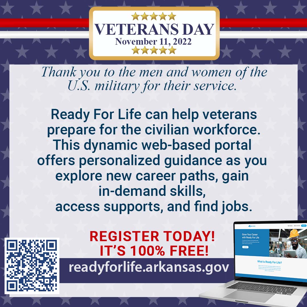 Ready4LifeARGov's tweet photo. Thank you to the men and women who have served in the U.S. Armed Forces. Please visit https://t.co/NPqbHBTy5C! This amazing portal can provide you with the knowledge and skills you need to begin your next chapter! #Ready4LifeAR #VeteransDay2022 https://t.co/kCYgQo83qu