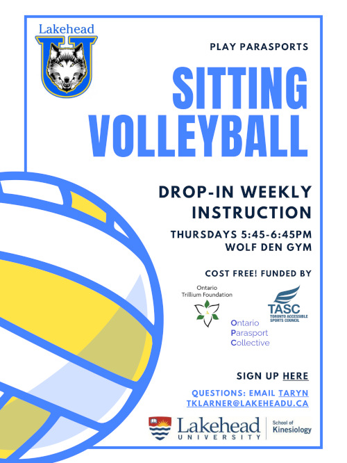 LakeheadUNews's tweet photo. https://t.co/kaJojkosrr

Are you interested in playing Sitting Volleyball on Thursday nights? 

@mylakehead's School of Kinesiology partnered with Campus Rec and the Lakehead Thunderwolves to offer Parasport activities for the 2022-2023 school year. Open to community members. https://t.co/UrGMsNkq6M