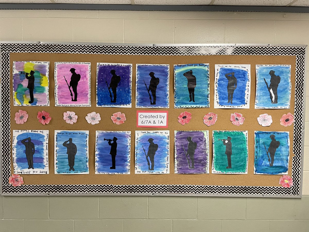 Mrs. Burke’s 6/7 class made beautiful silhouette art work for Remembrance Day. The grade 1s helped with their hallway display by adding in some poppies. <a href="/TapleytownHWDSB/">Tapleytown Public School</a>