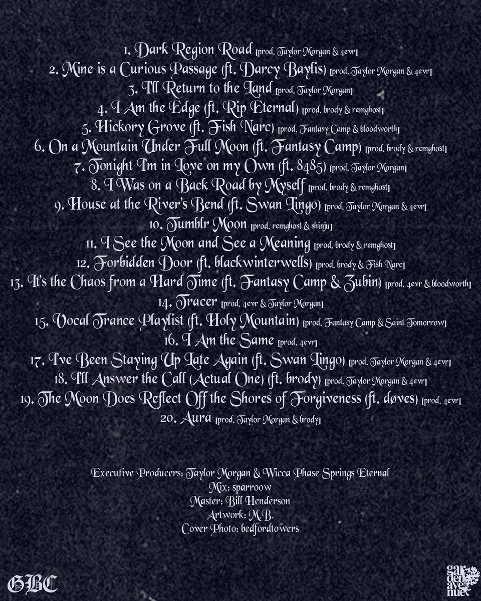 wicca phase springs eternal

full moon mystery garden

20 new songs

prod. <a href="/garden_avenue/">garden avenue</a> 

🌑🌒🌓🌔🌕🌖🌗🌒🌑

lnk.to/mysterygarden