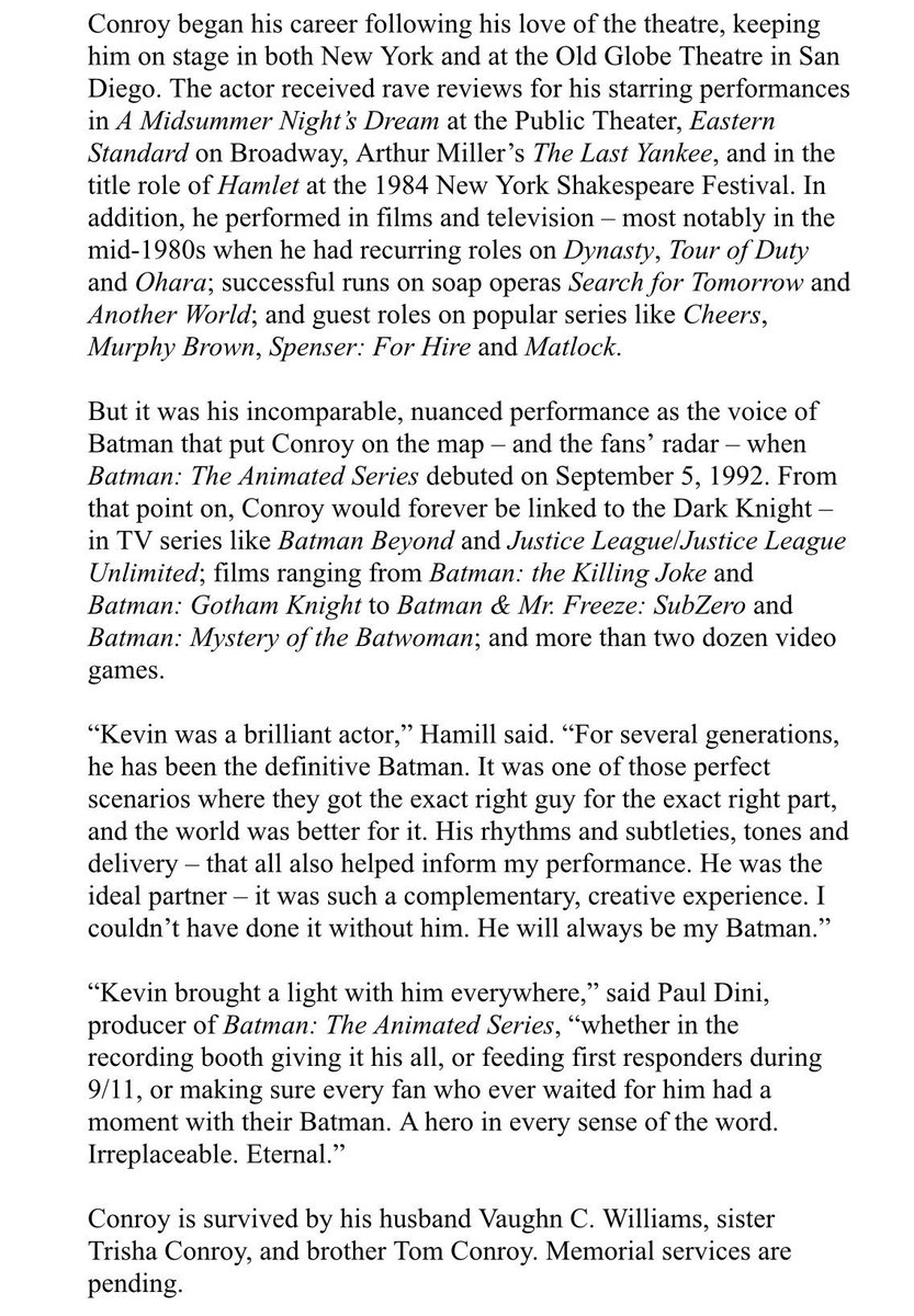 Press Release from Warner Bros. Discovery on the passing of Kevin Conroy..