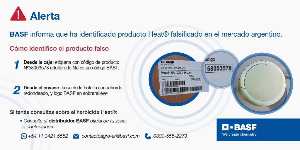 BASF_Agro_ARG's tweet photo. 🚨 BASF informa que ha identificado producto Heat® falsificado en el mercado argentino.

👉 Te dejamos consejos de cómo identificarlo.

📲 Si tenés consultas, contactá al distribuidor BASF oficial de tu zona o al WA +54 11 3421-5552, 
contactoagro-ar@basf.com o 0800-555-2273. https://t.co/mwHyOwpgQk