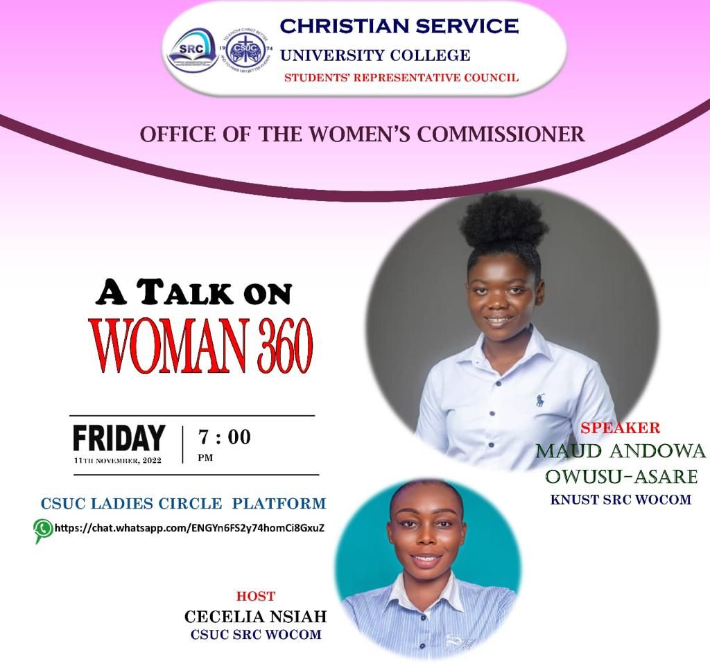 Make a date and join in our conversations as we talk about virtues, share our wins, and brainstorm ways to overcome our current challenges as young women. Today 11th November,2022 from 7:00pm on the Christian Service University College Ladies (CSUC)ladies circle watsapp platform