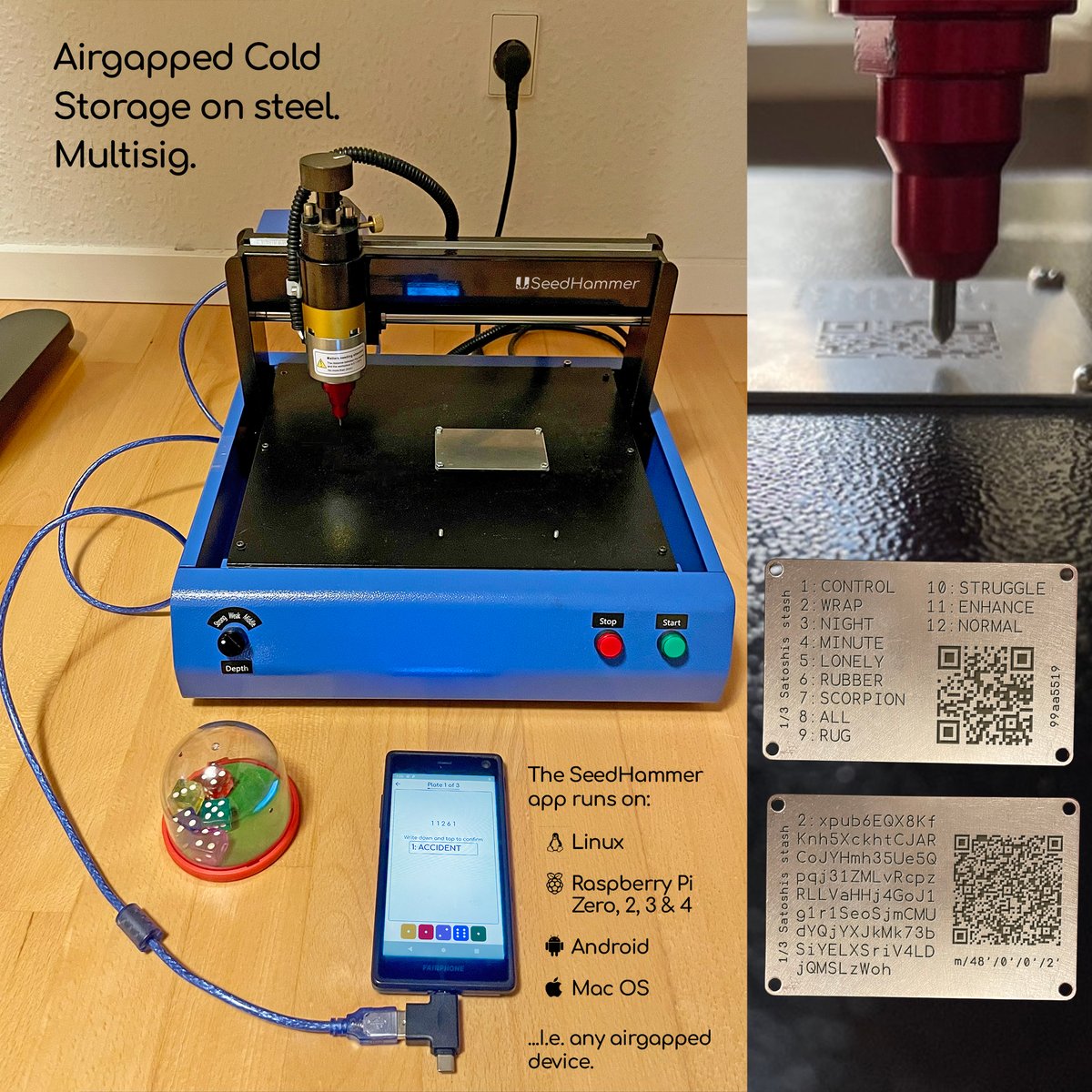 The SeedHammer machine alongside an air gapped device running the SeedHammer app. The app enables the user to build single and multisig setups from dice rolls. The machine hammers all data (both private and public info) into stainless marine grade steel.