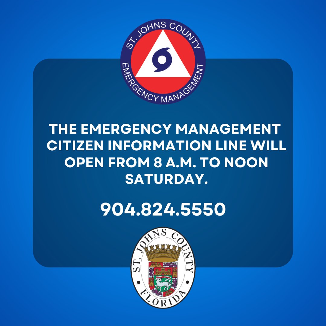 SATURDAY HOURS: Tomorrow, November 12, the St. Johns County Emergency Management Citizen Information Line will open from 8 a.m. to noon.
 
For updates on recovery efforts in St. Johns County, please visit sjcfl.us/hurricane or call 904.824.5550.

#MySJCFL #Nicole