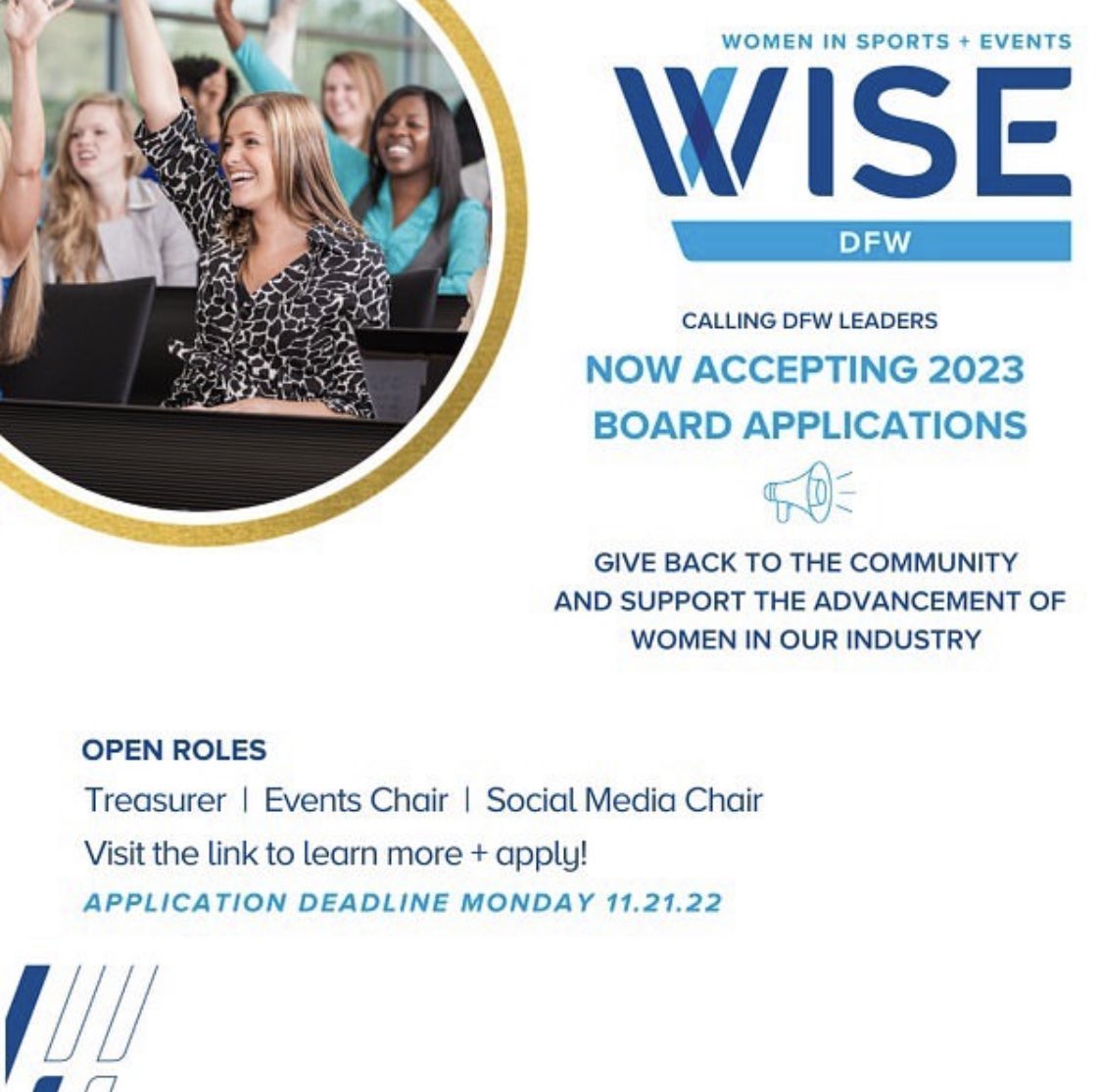 WISE DFW is calling for members to join our leadership group to help guide our chapter into the future! 

The deadline to apply is 11/21 at 5pm CST. 

Click below to apply! 

#wiseDFW #wiseworks #womeninsports #dallas 

docs.google.com/forms/d/e/1FAI…