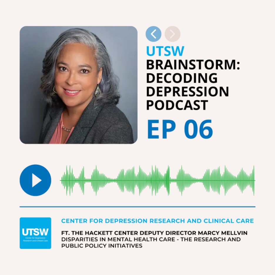 Deputy Director Marcy Melvin recently joined the BrainStorm: Decoding Depression podcast hosted by <a href="/UTSW_CDRC/">Center for Depression Research and Clinical Care</a> to share her expertise in #healthequity and #healthdisparities. 

Listen here: bit.ly/3NTuMYO

#TheHackettCenterforMentalHealth