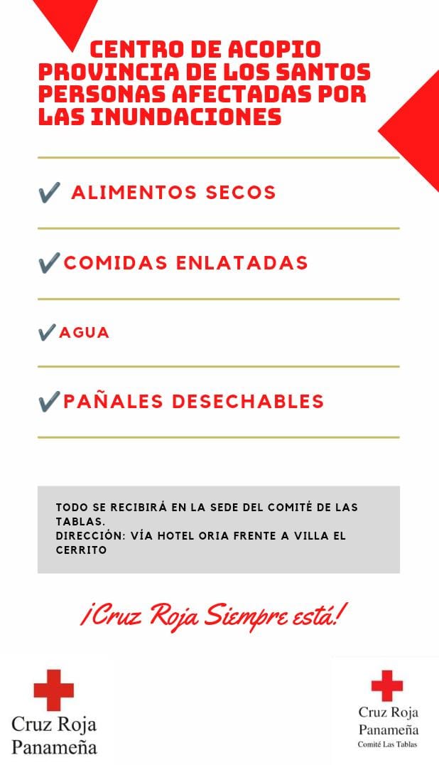 En solidaridad con nuestros hermanos <a href="/CRPTablas/">CRP Las Tablas</a> ; habilitan #CentrodeAcopio en la sede local de Las Tablas, como apoyo hacia las personas afectadas por las inundaciones recientes.

<a href="/CruzRojaPanama/">Cruz Roja Panameña</a> 
#CruzRojaSiempreEstá #CuerpodeSocorristas