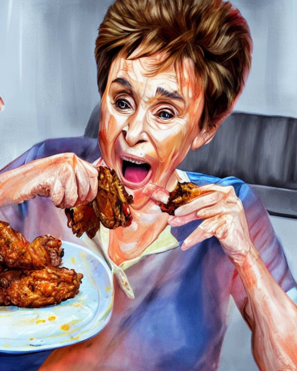 Deadpool1205's tweet photo. Asked an AI for images of Judge Judy messily eating chicken wings. I don't regret it! https://t.co/6ICpA9RmN2