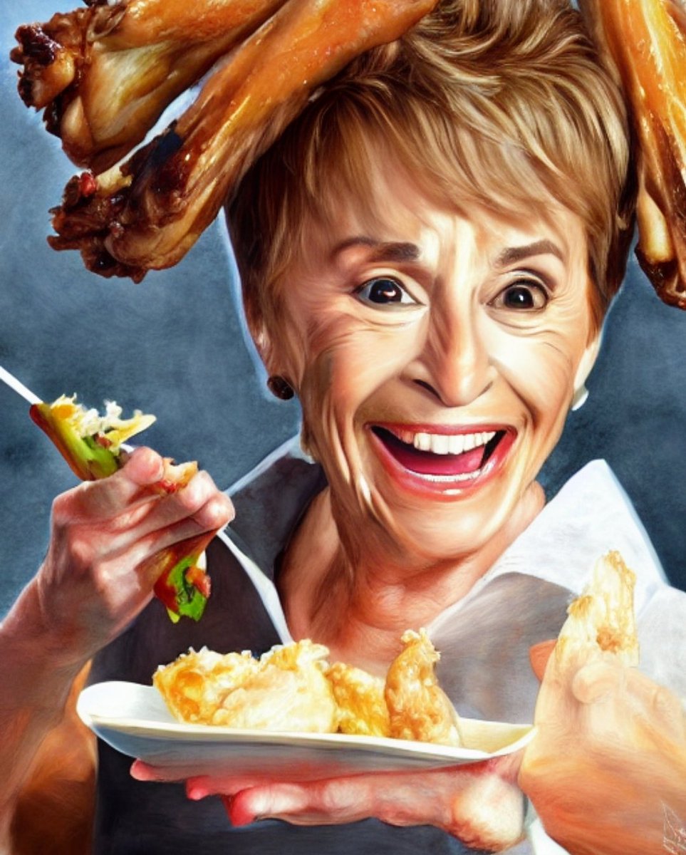 Deadpool1205's tweet photo. Asked an AI for images of Judge Judy messily eating chicken wings. I don't regret it! https://t.co/6ICpA9RmN2
