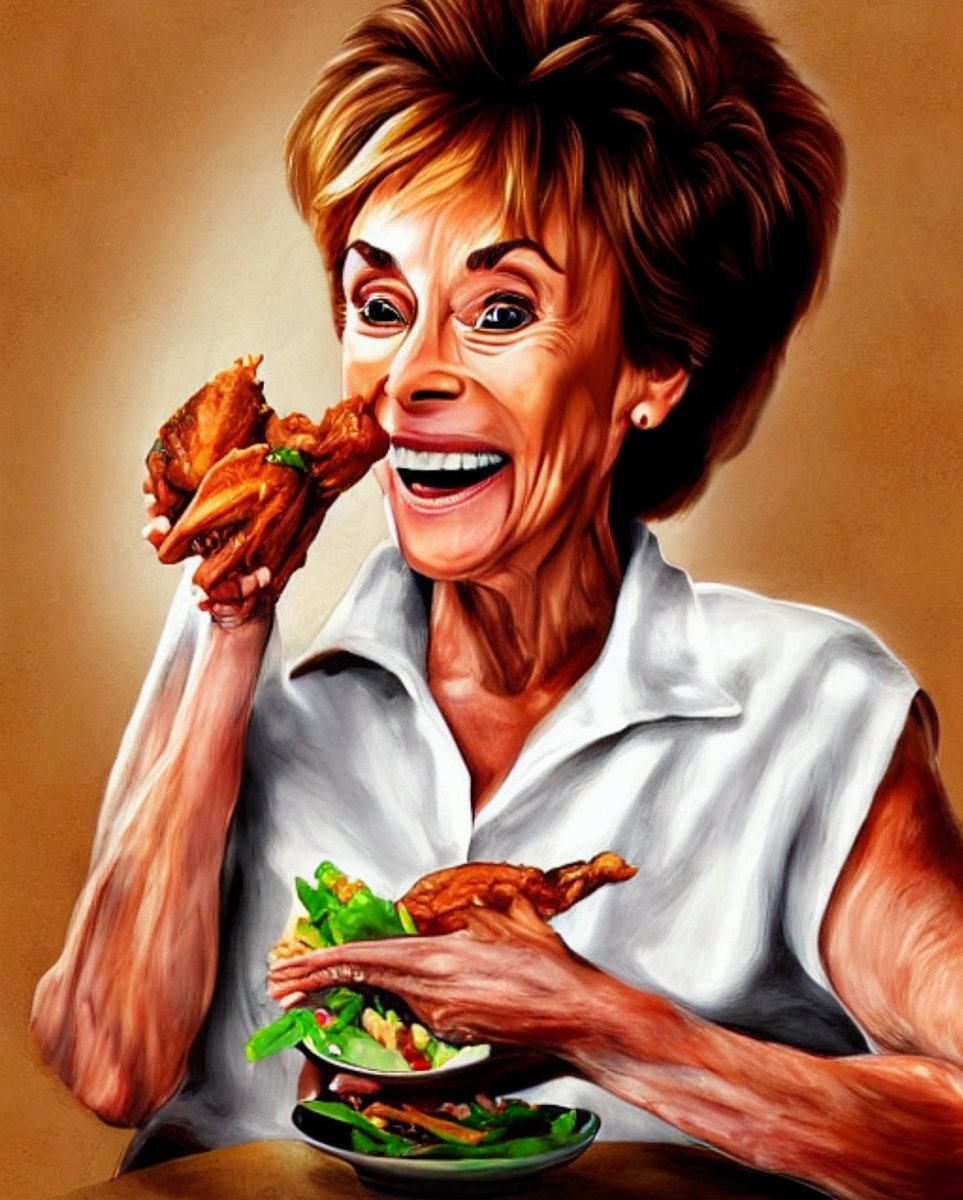 Deadpool1205's tweet photo. Asked an AI for images of Judge Judy messily eating chicken wings. I don't regret it! https://t.co/6ICpA9RmN2