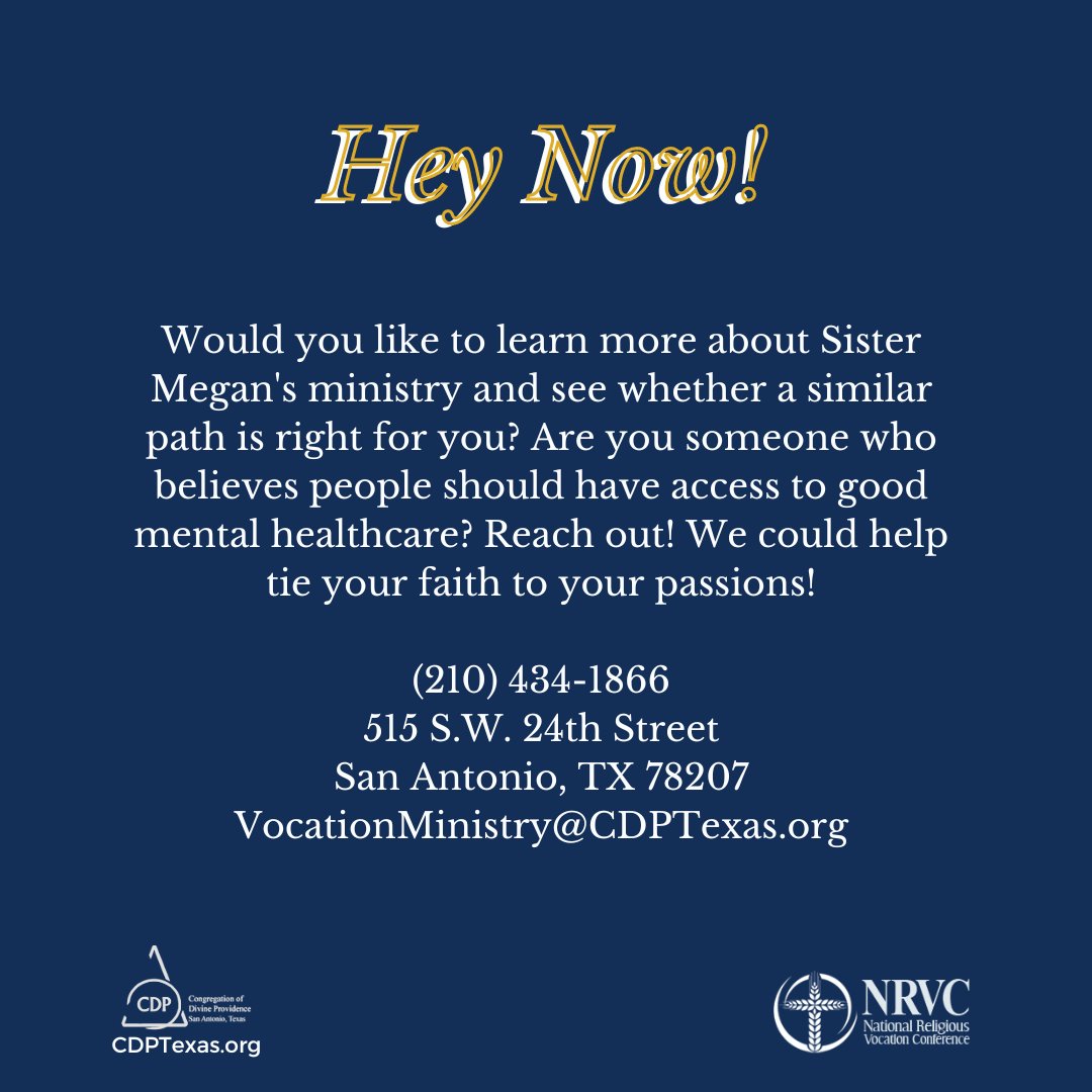 CDPSister's tweet photo. Hey now, you’ve made it to Friday! The Sister you’ll be getting to know a little bit about today is #Sister Megan Grewing! Currently she ministers as a #counselor with a non-profit organization in Houston, working with and guiding people in the face of life’s trials. https://t.co/letbPTd4IF