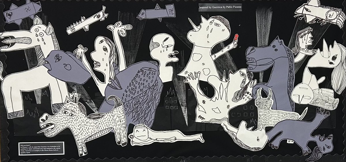 chelfordprimary's tweet photo. Our Class 3 pupils have been inspired by Picasso’s Guernica piece to produce this wonderful whole class mural to represent the Blitz as part of their WWII topic. #LovingToLearn https://t.co/I5goA2FZU9