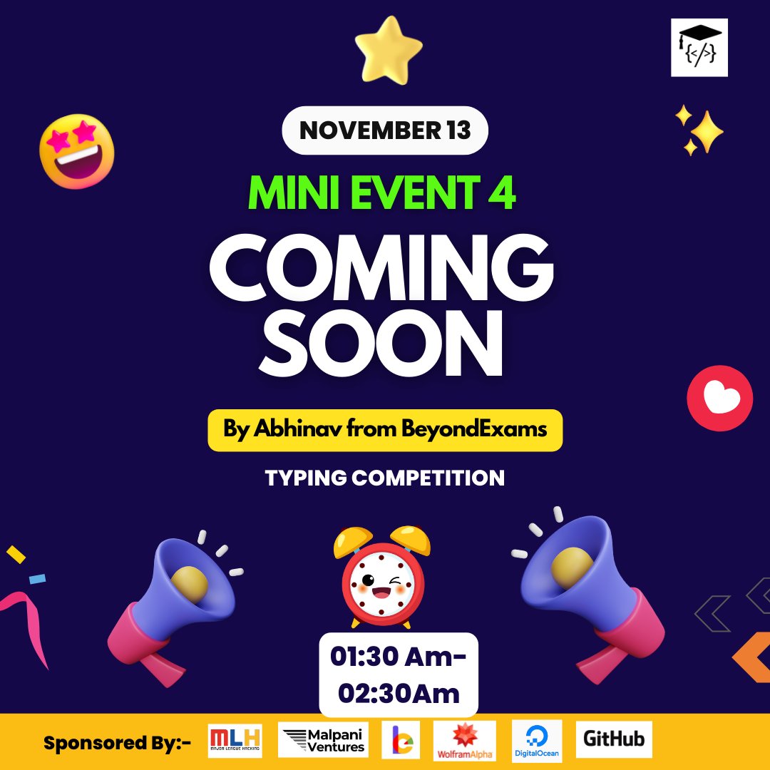 Hack2Educate's tweet photo. Upcoming Event!
Get a chance to win Rs 1000 Amazon gift card by participating in the Typing Competition!

Event Starts: 1.30 AM
Event Ends: 2.30 AM

#hack2educate #minievent https://t.co/k8o4UX0KMZ