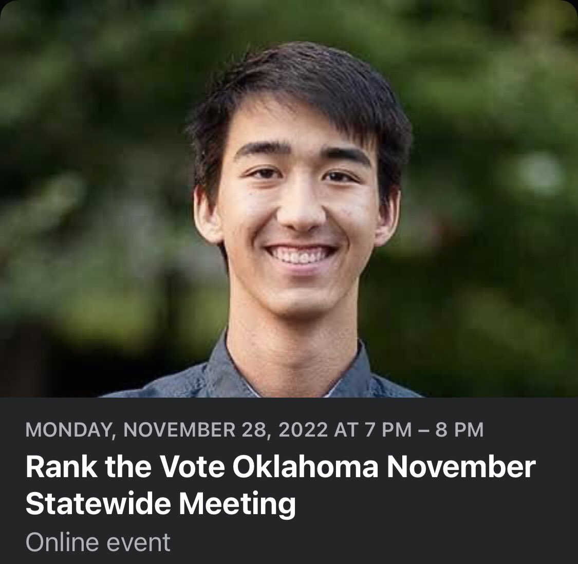 RankTheVoteOK's tweet image. For our November Statewide Meeting on Nov. 28 at 7 p.m., Rank the Vote Oklahoma is pleased to have Sean Tannehill from Rank the Vote U.S. join us to share news about how Ranked Choice Voting fared in the November General Elections. 
Registration link: us02web.zoom.us/meeting/regist…