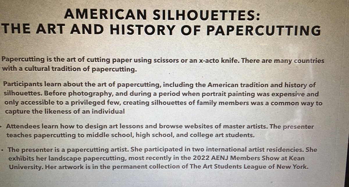 MsArchilaART's tweet photo. American Silhouettes: The Art &amp; History of Papercutting virtual session at the @NJEA Convention is filling me with so many ideas! Thanks to @FurnissGillian for presenting. Itching to grab my scissors now! #RBBisBIA #professionaldevelopment #NJEAConvention #art https://t.co/KVXSp9b4V8