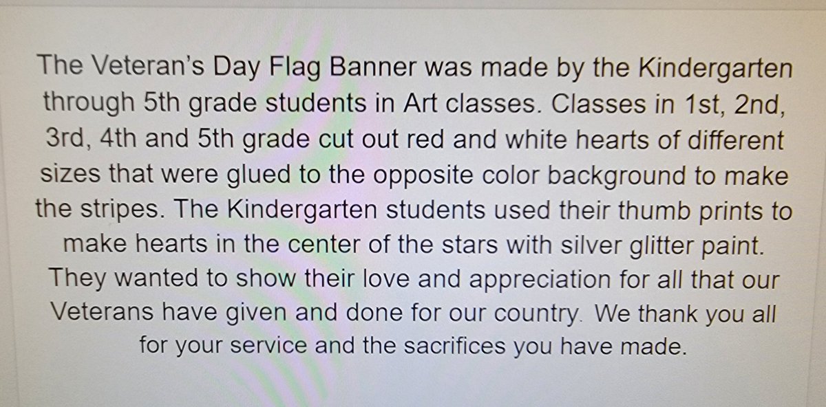To our Veterans: Thank you for your service! To families of those who served and are currently serving: Thank you! We appreciate all you &amp; your family have sacrificed. K-5th Ss made this for our assembly today to show love and thanks to the veterans in attendance. #wlcardpride