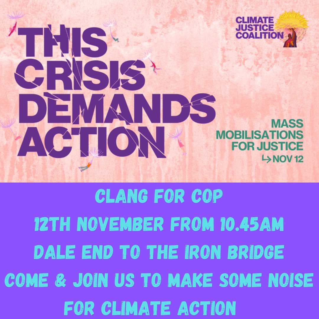 We invite you to our event tomorrow in Ironbridge.   Gather at Dale end for march with local groups to the Bridge.   Family oriented event. Bring pots and pans, drums etc.  We need to send a wall of sound to our leaders at COP27. 😀

<a href="/telfordlive/">Telford Live!</a> <a href="/telfordultimate/">Telfordtheultimateguide</a>