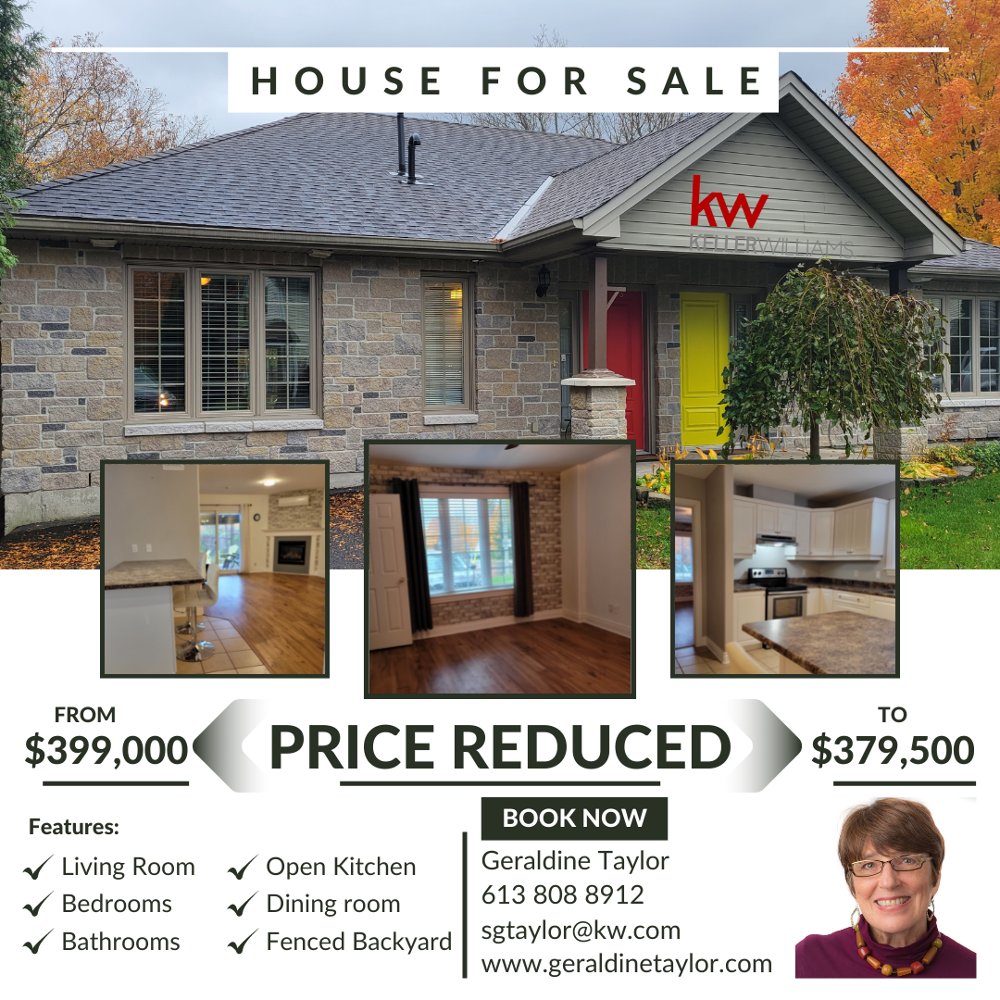 Price Reduced
From $399,000 to $379,500

✔️2 Bedrooms
✔️2 Bathrooms
✔️1 Living room
✔️1 Dining room
✔️1 Kitchen

Quality-built semi-detached bungalow, in the historic village of Spencerville, with close access to the 416

Contact us
Geraldine Taylor
sgtaylor@kw.com
613 808 8912