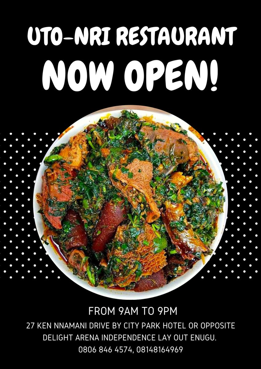 nri_uto's tweet photo. Do you wish to have a home made food home away from home? If yes then visit Uto-Nri Restaurant @27 Ken Nnamani Drive By City Park Hotel, before Unity Estate Gate Independence Layout Enugu. #food #cuisine #homecooking #nsalasoup #enugu #people #likeforlikes #placestovisit https://t.co/3CjEs1Nffq