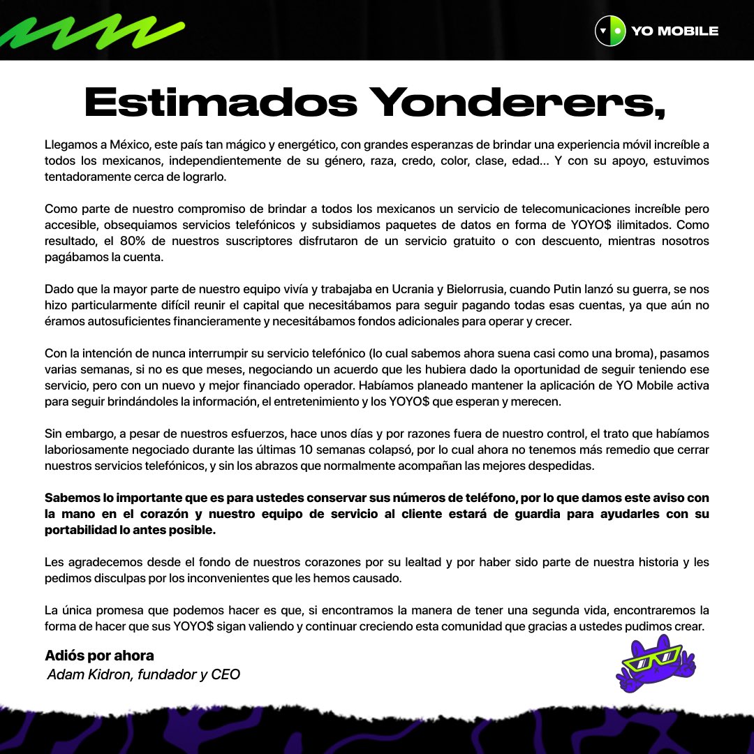 La OMV de Altán, @yomobilemx emitió un comunicado indicando la terminación de sus servicios.