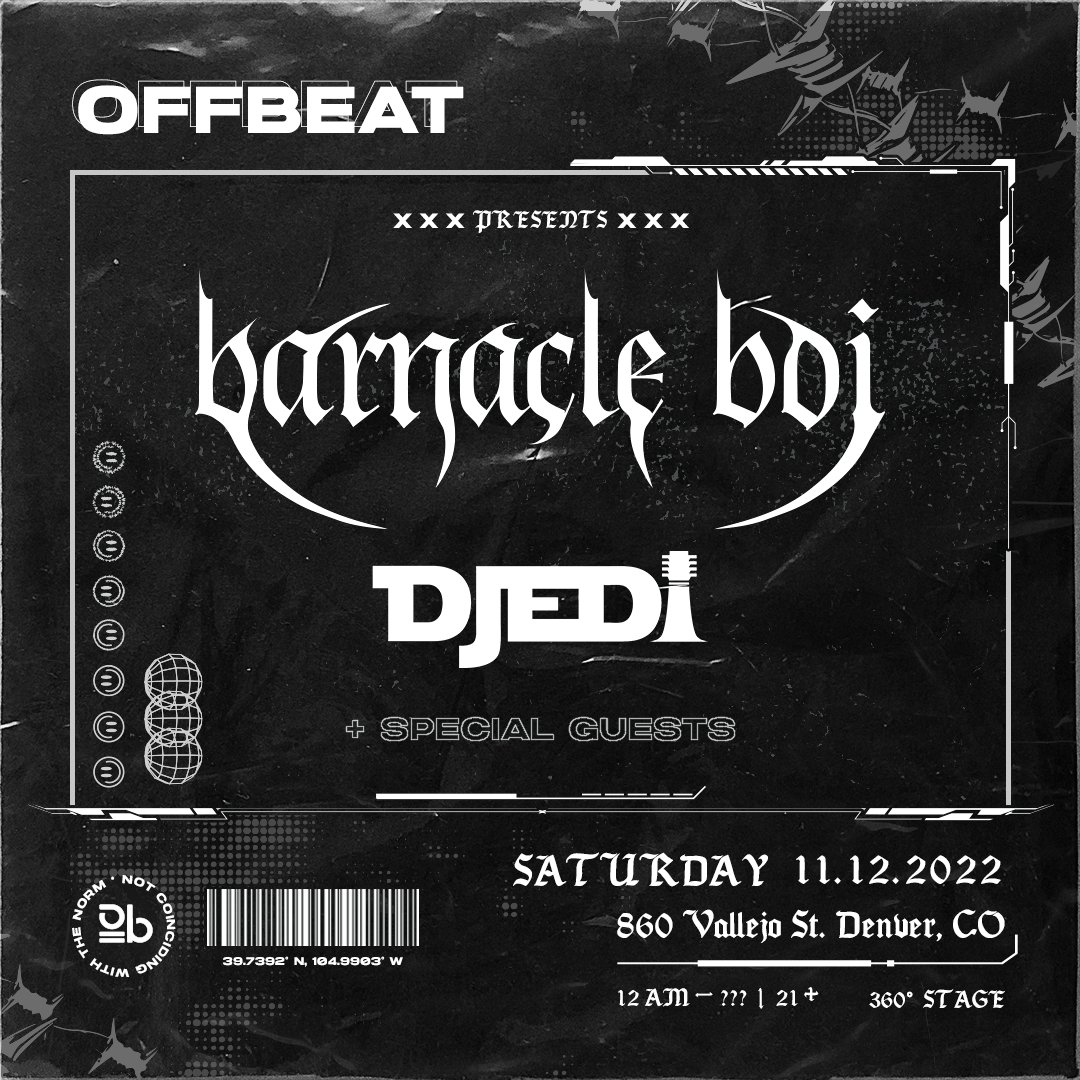 elev808designs's tweet photo. OFFBEAT CREW!
 
WERE BACK WITH ANOTHER STACKED AFTER HOURS EVENT WITH @barnacleboi777,  @brett_djedi  &amp; SPECIAL GUESTS.
 
THIS TIME AROUND WE WILL BE THROWING THE DECKS IN THE CENTER OF THE ROOM FOR A 360 EXPERIENCE AND LASERS LASERING IN ALL DIRECTIONS. 

TICKET LINK BELOW https://t.co/Zjpwn1WPzi