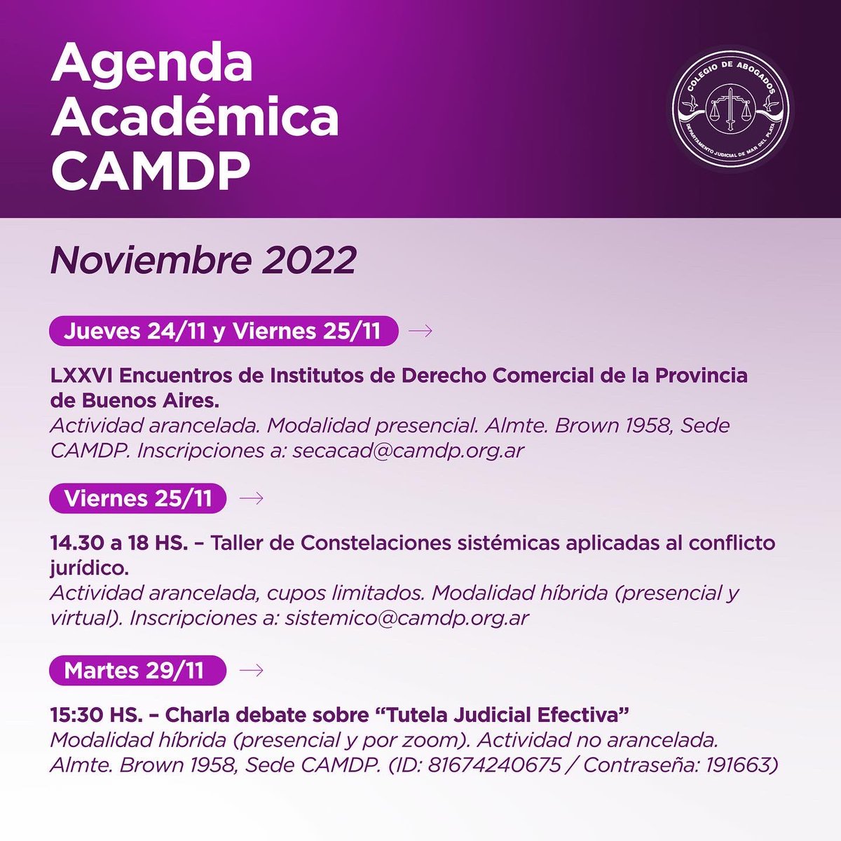 CA_MDP's tweet photo. Les compartimos la agenda de las próximas actividades del mes de noviembre en #CAMDP. Dudas, consultas e inscripciones a secacad@camdp.org.ar

#MarDelPlata #Formacion #LaVozDeLaAbogacía https://t.co/hVJMmKFDSw