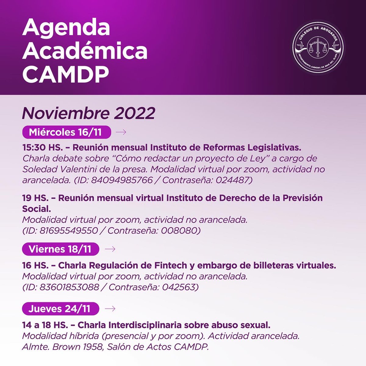 CA_MDP's tweet photo. Les compartimos la agenda de las próximas actividades del mes de noviembre en #CAMDP. Dudas, consultas e inscripciones a secacad@camdp.org.ar

#MarDelPlata #Formacion #LaVozDeLaAbogacía https://t.co/hVJMmKFDSw