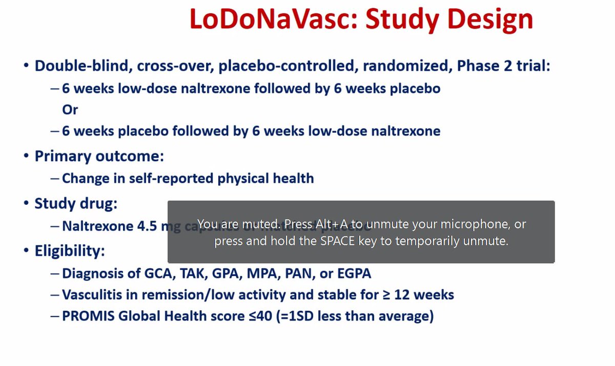 I have had multiple patients who recently reported substantial benefit from low dose naltrexone

Very interesting study that is currently assessing it - primary outcome is a PRO! 

Super curious to see results

#ACR22 #ACRAmbassador #Vasculitis22