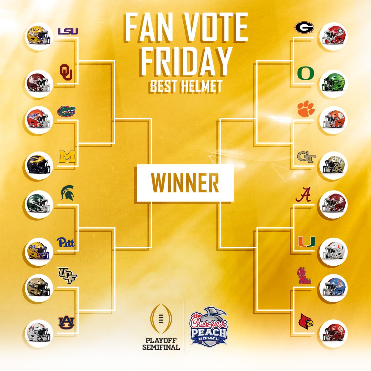 CFAPeachBowl's tweet photo. Which of these recent #CFAPeachBowl and #CFAKickoff teams has the ๐๐๐๐ ๐๐๐๐๐๐? ๐ฅ
Cast your votes in the threads below โฌ๏ธ https://t.co/l4ig4Awecc