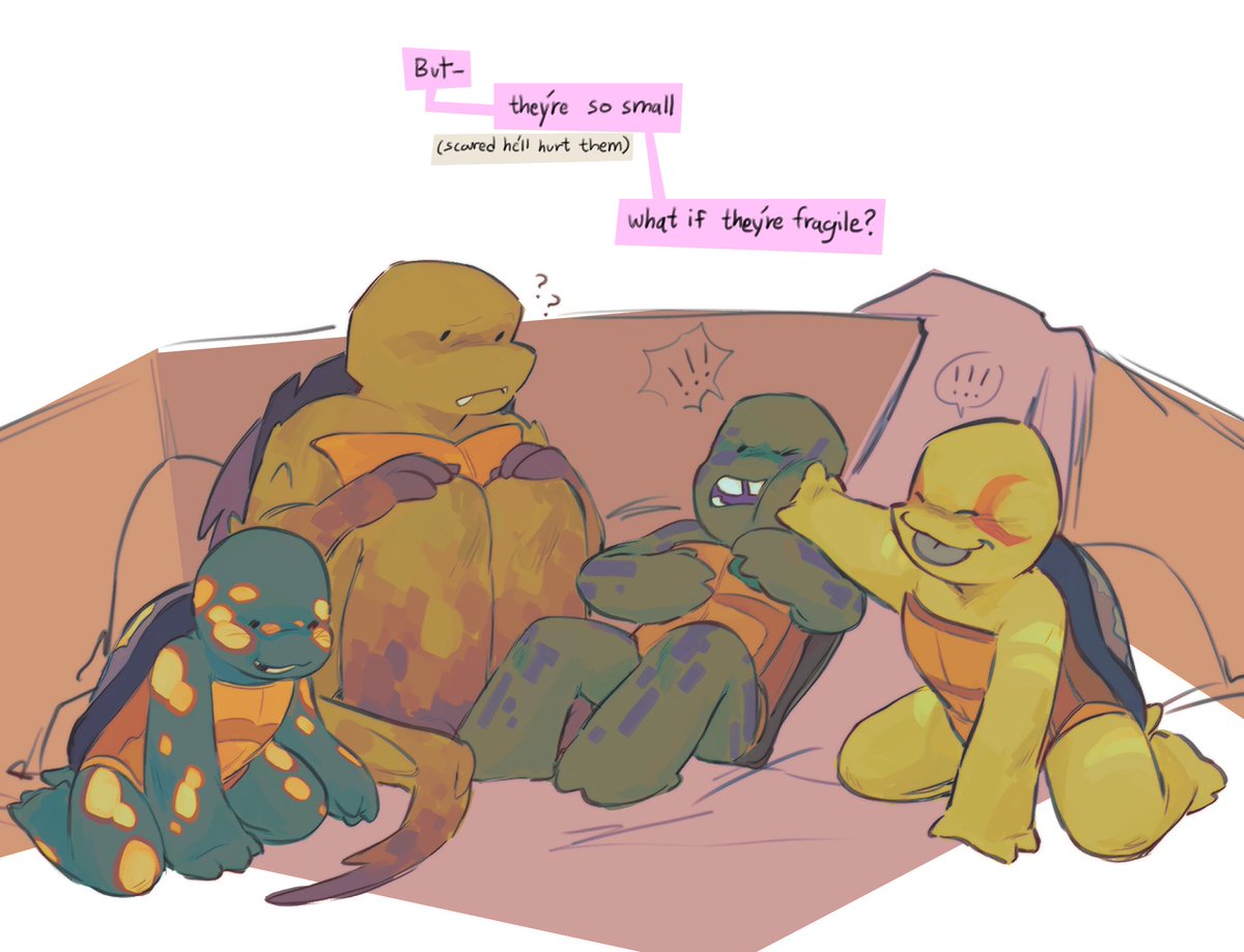 misc family au thing- it took drax a while to b comfortable pickin up the tots even when they got bigger he would always b cautious #rottmnt 