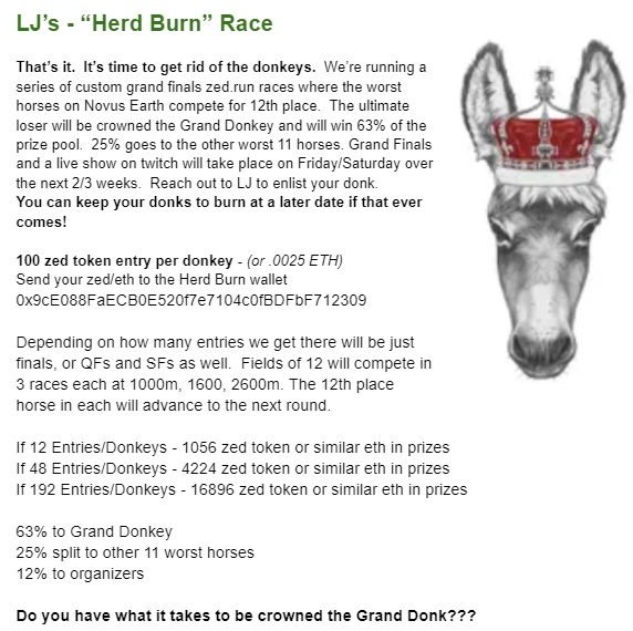 LuckyJackamoto's tweet photo. Herd Burn race is now accepting Donkeys! @zed_run 
Comment your entry below!  
RT for a chance to win a Lucky Maiden 9 Bute token! https://t.co/7hxVDCys9e
