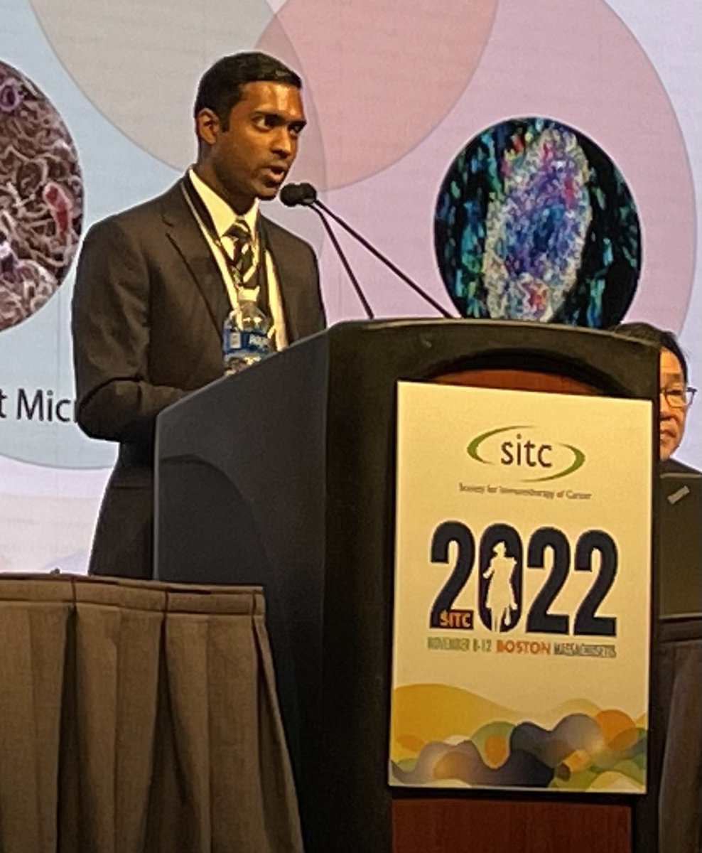 Kicking off the #SITC22 Presidential session is Dr. Manoj Chelvanambi (@mchelvanambi) from @MDAndersonNews with a great presentation about the link between the gut #microbiome and the presence of #TLS in solid tumors after #ICB. @JenWargoMD