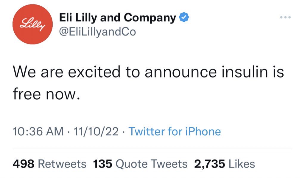 RachelTobac's tweet photo. We’ve got a case study of Twitter blue check imposters impacting an impersonated company’s stock price.
Remember the Eli Lilly fake verified account tweets yesterday? That impacted their stock quickly. https://t.co/FwgLCf7PKi