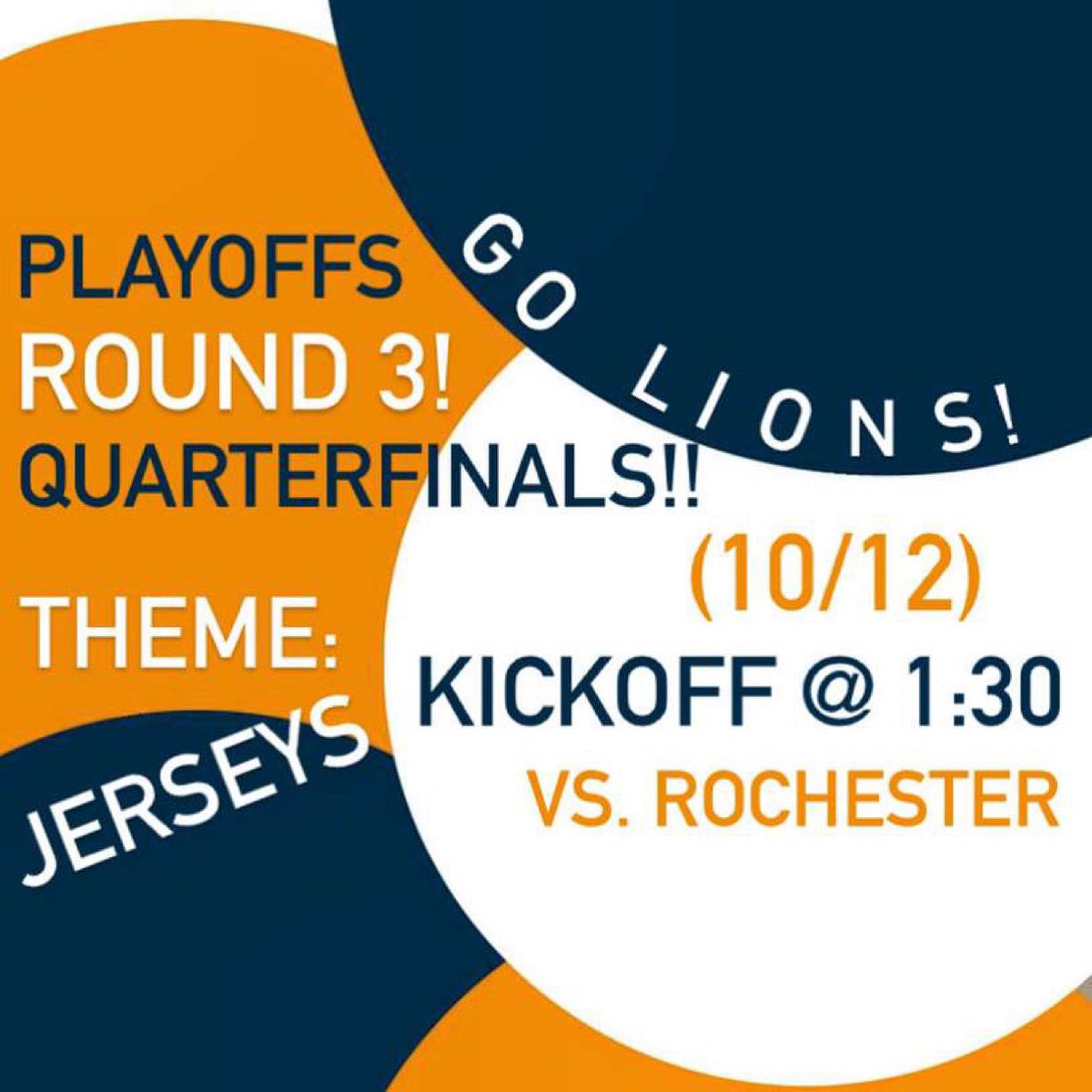 PLAYOFFS ROUND 3!!!🧡💙

TOMORROW IS GAMEDAY!🥳

THEME: JERSEYS!

GATES OPEN @ 11 AM (ADMISSION $8)
KICKOFF @ 1:30🏈

BE THERE AND GET CRAZY FOR THE LIONS!💙🦁🧡
•
Tickets can be purchased in advance: 
gofan.co/app/events/777…