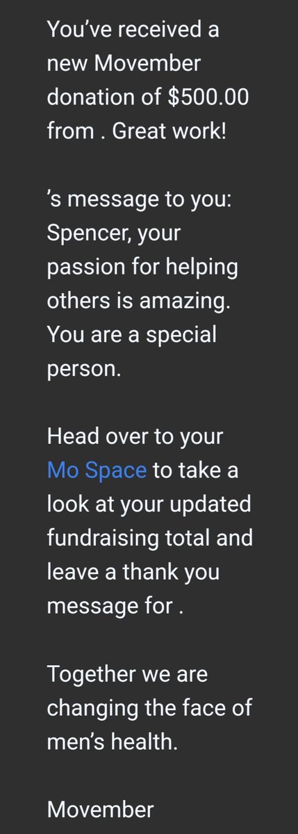 Thazren's tweet photo. My boss just donated and SMASHED my fundraising goal! He's a real MVP.

If you'd like to donate to raise money for men's mental health, suicide prevention, prostate cancer, and testicular cancer research, click the link below. Anything helps!

https://t.co/LBSGtET8gJ https://t.co/Hq8aUctcid