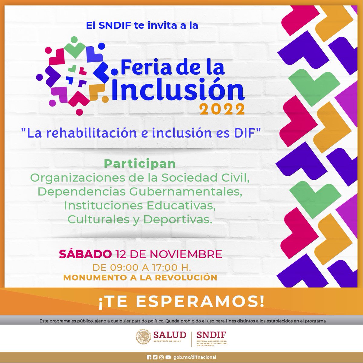 DIF_NMX's tweet photo. ¿Te unes con nosotras y nosotros a construir un México incluyente para todas las personas?♿️
 
Mañana sábado 12 de noviembre te esperamos en la #FeriaDeLaInclusión2022, visita la página para conocer las actividades: https://t.co/xXyr0ei3BU

⏰ 9 a 17 h 
#InclusiónEsDIF https://t.co/upkxRWGT1Z