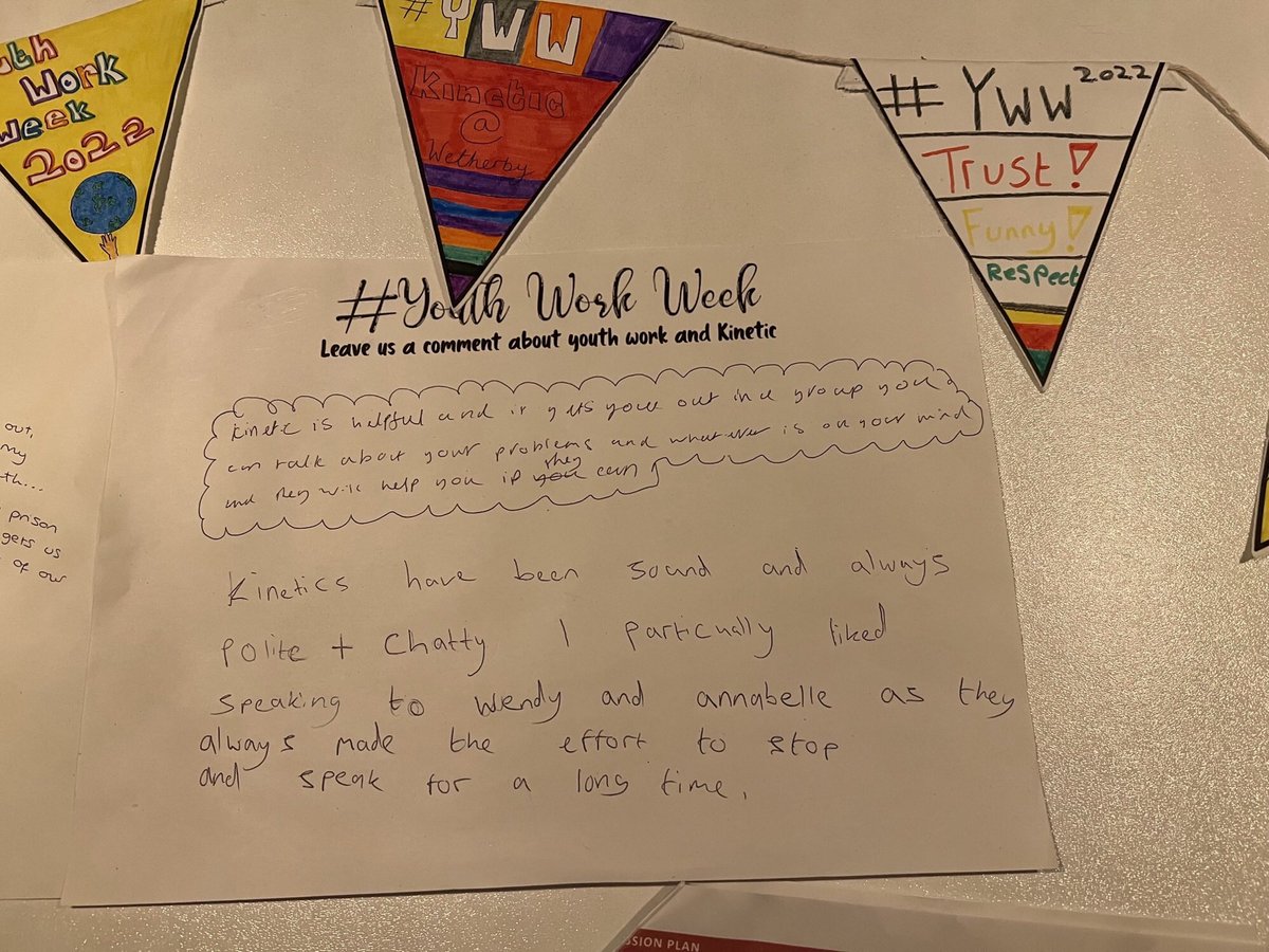 More amazing work from our <a href="/KineticYouthltd/">Kinetic Youth Ltd</a> team at <a href="/HMYOI_Wetherby/">HMYOI Wetherby</a> young people created their own festival bunting, identified what makes a great youth worker and explored the importance of youth work in the secure state #YWW22 #Youthworkweek <a href="/natyouthagency/">NYA</a> #kineticyouth