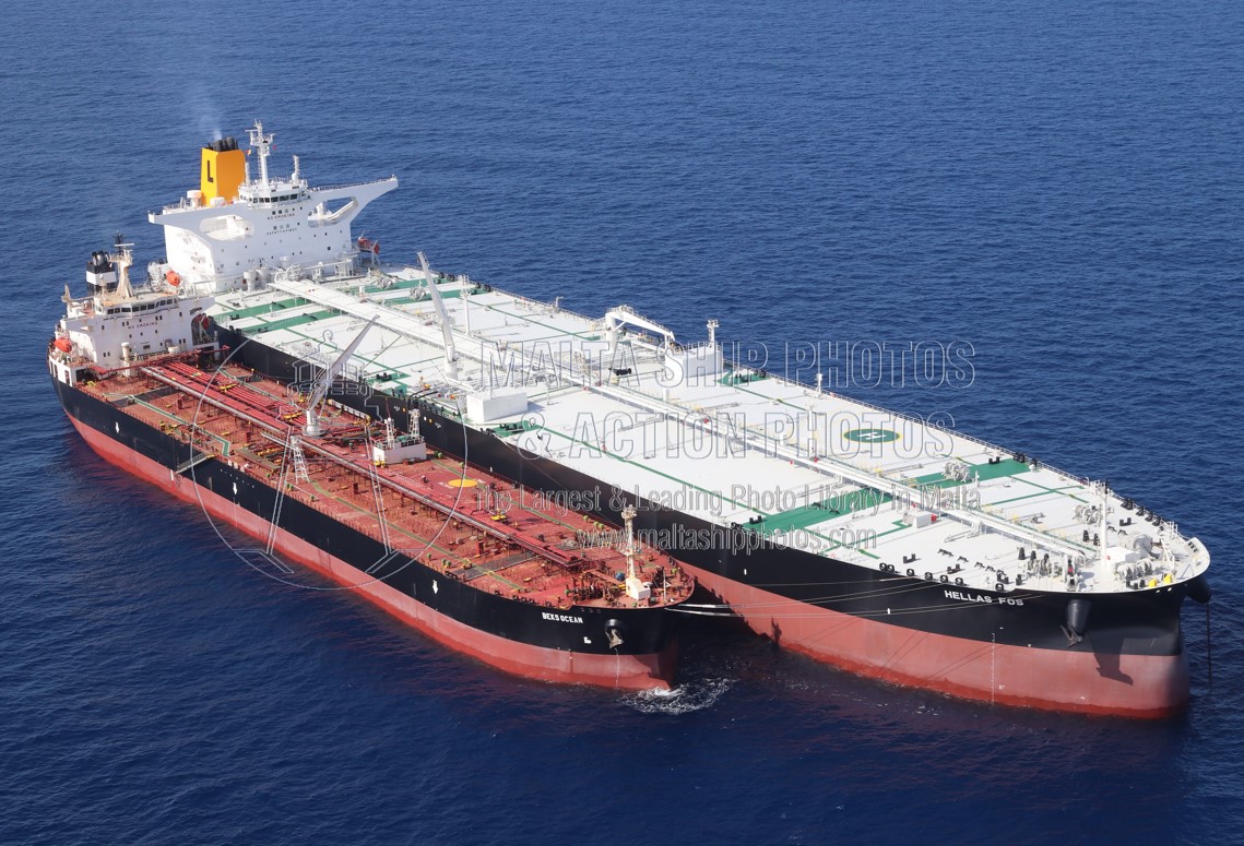 #Birdseyeview of #2022built #verylargecrudecarrier (#vlcc) #HELLAS_FOS during #shiptoship (#stsoperation) #offshoreMalta with #Turkish #tanker #BEKS_OCEAN - 11.10.2022  -  maltashipphotos.com - NO PHOTOS can be used or manipulated without our permission