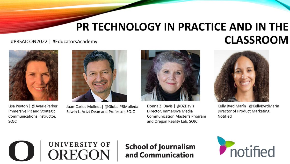 AvarieParker's tweet photo. I’m excited to be sharing the stage at #PRSAICON2022 with @UOsojc dean - @GlobalPRMolleda, OR Reality Lab director  - @dzdavis and @KellyByrdMarin from @Notified. We’ll be discussing #PRtech. If you’re attending stop by and join the convo! #XR #publicrelations #PRSA #PRSAICON https://t.co/TApJLGYPKn