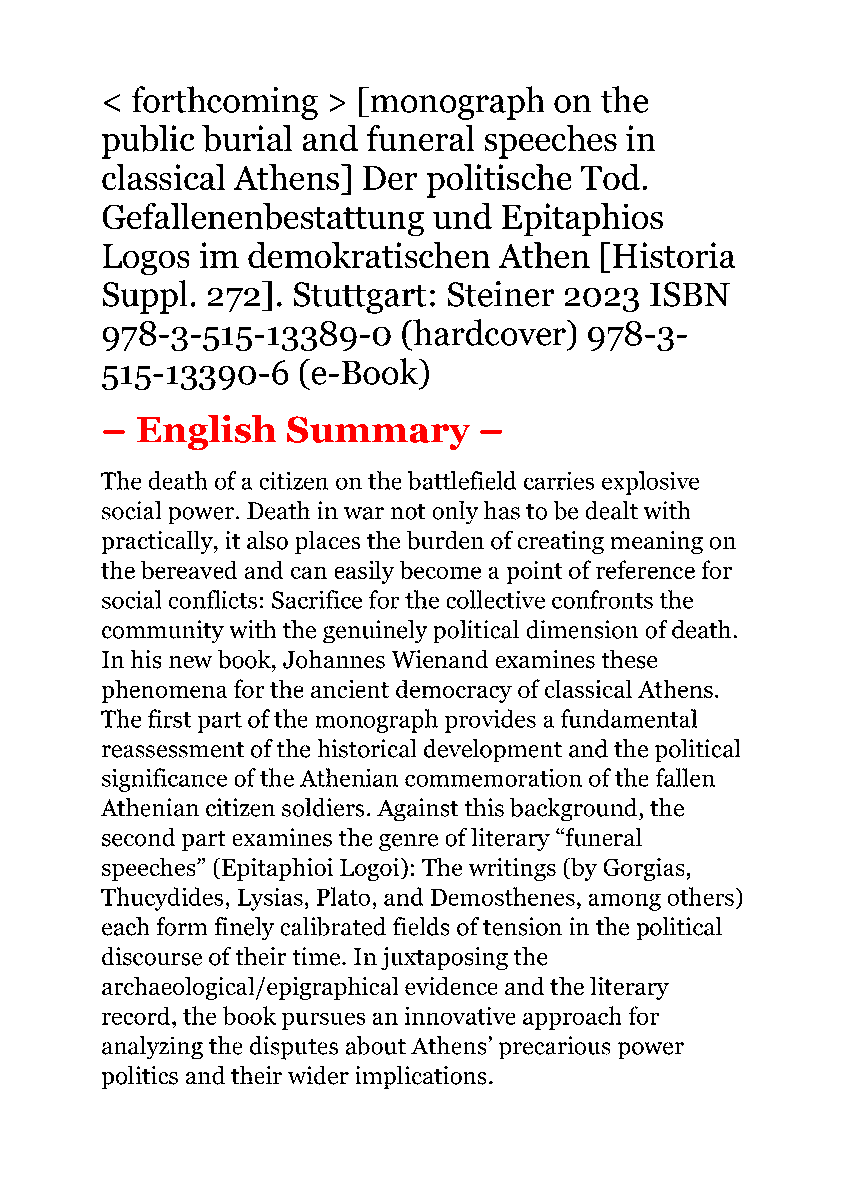 WienandJohannes's tweet photo. my book on #AthenianDemocracy (public burial and epitaphios logos) is now announced in the publisher's catalogue (https://t.co/cUh5blgJEZ)
- English summary attached https://t.co/GhIUKtnD7s