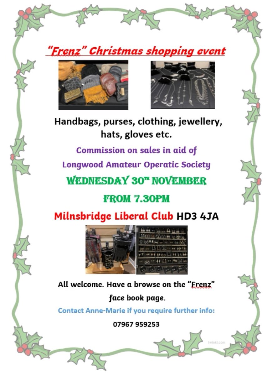 LongwoodLAOS's tweet photo. Join us for our Frenz Xmas Shopping Evening
Wed 30th Nov, 7:30pm
Milnsbridge Lib https://t.co/HVgqn39I1r